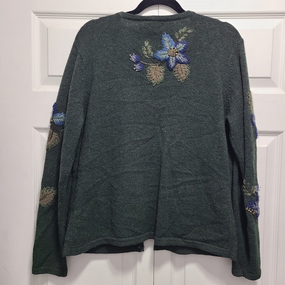 Talbots Floral Embroidered Lambswool Blend Vintage‎ Green Cardigan Large - Picture 3 of 16